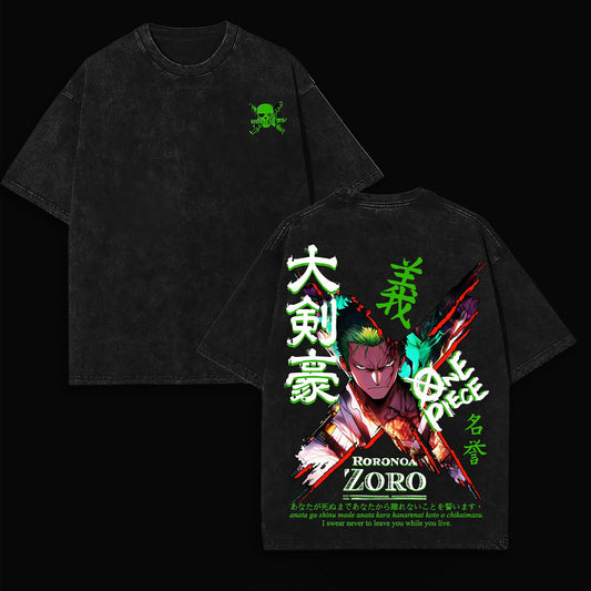 Roronoa Zoro Three Sword Style One Piece Retro Vintage Washed Graphic T-Shirt - Limited Edition Streetwear Oversized Aesthetic Tee - Premium Samurai Anime Fan Gear