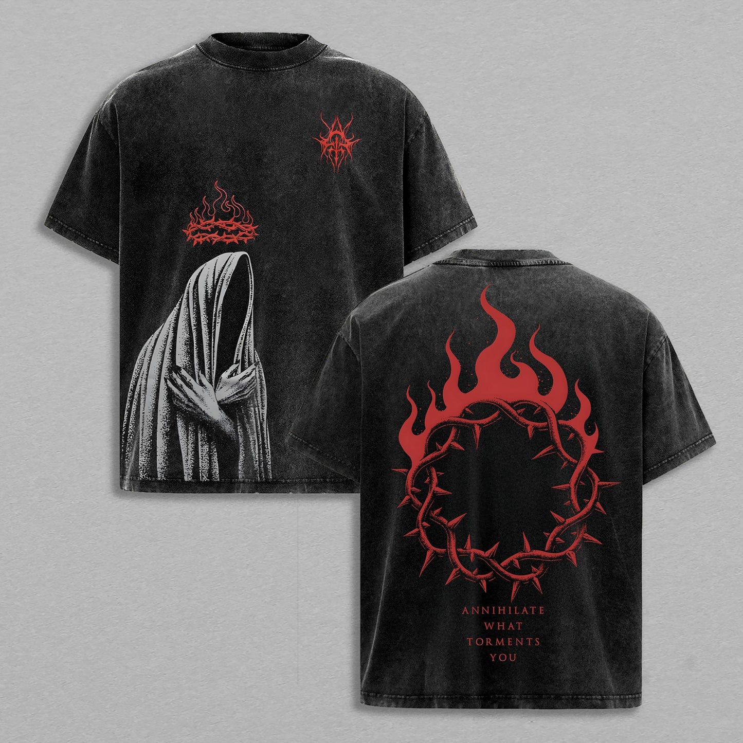 Gothic Crown of Thorns Dark Flame Christian Retro Vintage Washed T-Shirt Limited Oversized Streetwear Religious Graphic Tee Gift for Believers