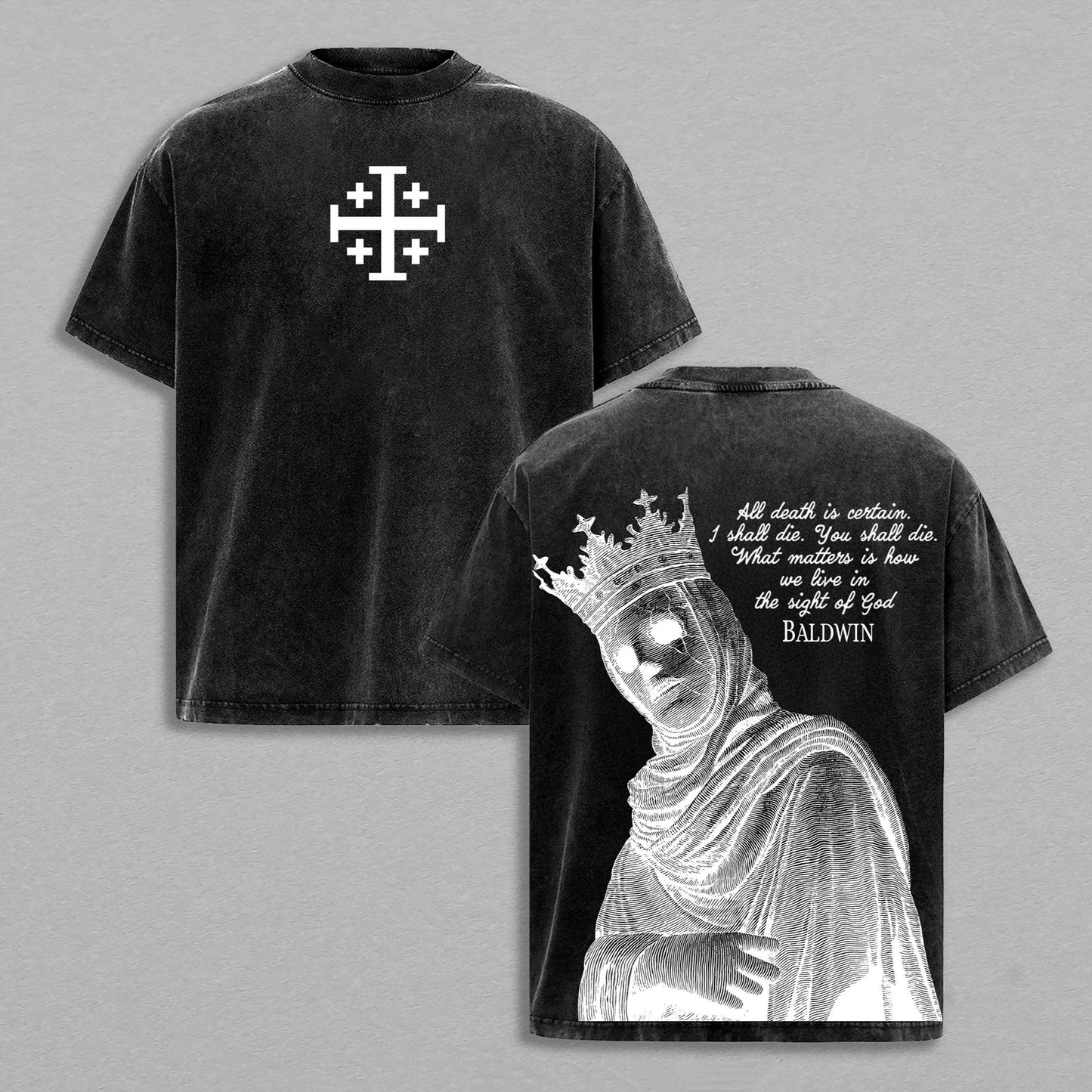 Gothic Crown King Baldwin Medieval | Retro Vintage Washed T-Shirt | Limited Edition Oversized Streetwear