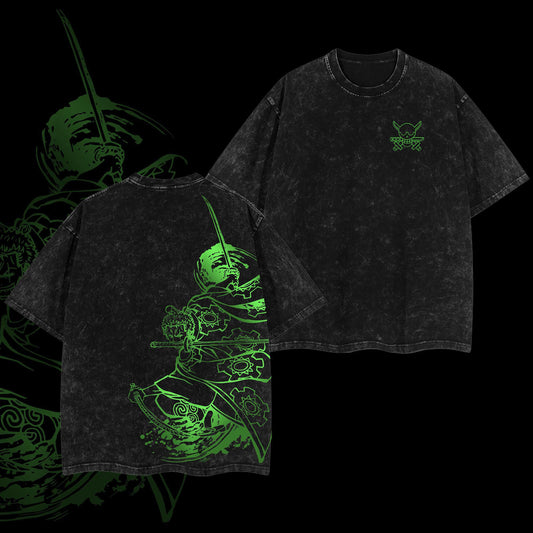 Roronoa Zoro Neon Green Sword Style One Piece Retro Vintage Washed Graphic T-Shirt - Limited Edition Streetwear Oversized Aesthetic Tee - Premium Samurai Anime Gear
