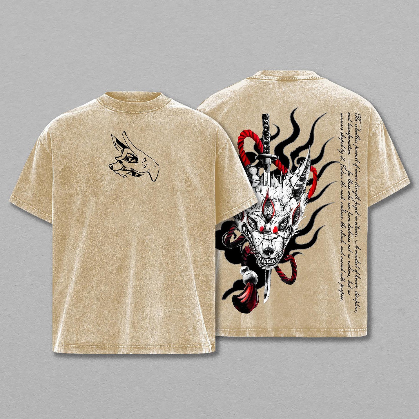 Kitsune Fox Mask Japanese Folklore Retro Vintage Washed T-Shirt Limited Oversized Streetwear Double-Sided Graphic Tee Gift for Japanese Art Fans