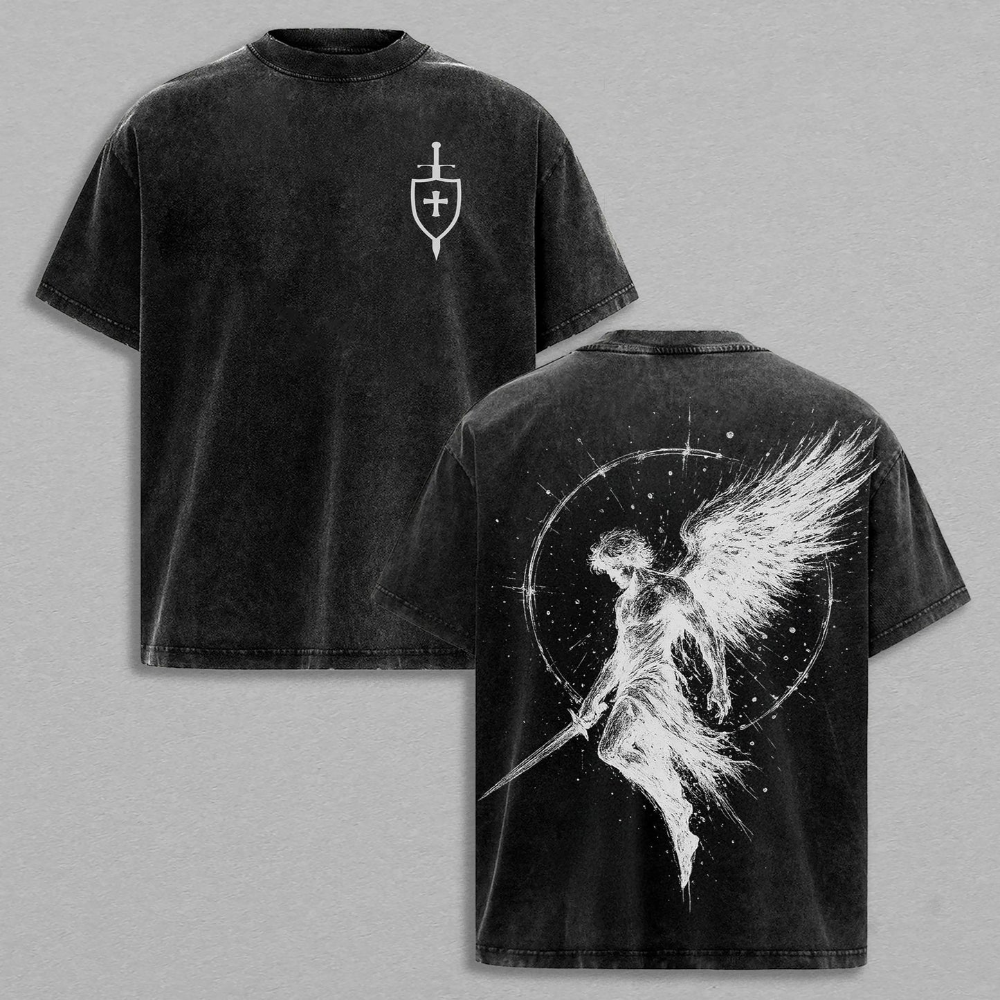 Fallen Angel Warrior Dark Fantasy Retro Vintage Washed T-Shirt Limited Oversized Streetwear Gothic Graphic Tee Gift for Dark Fantasy Fans