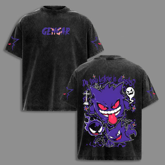 Gengar Ghost Type Spooky Cute Pokemon Retro Vintage Washed Graphic T-Shirt - Limited Edition Streetwear Oversized Aesthetic Tee - Premium Anime Monster Apparel