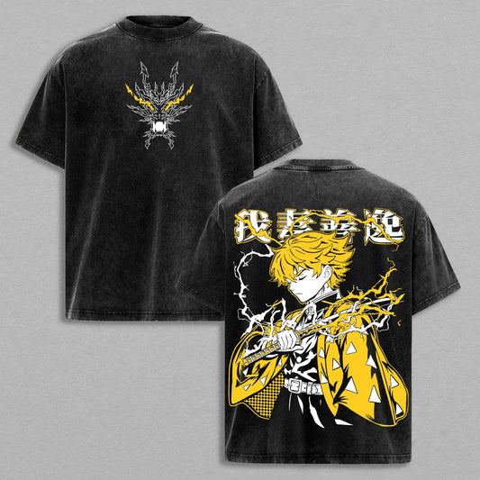 Zenitsu Agatsuma Thunder Breathing Demon Slayer Retro Vintage Washed Graphic T-Shirt - Limited Edition Streetwear Oversized Aesthetic Tee - Premium Lightning Manga Gift