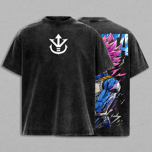 Vegeta Super Saiyan Rosé Dragon Ball Super Retro Vintage Washed Graphic T-Shirt - Limited Edition Streetwear Oversized Aesthetic Tee - Premium Double Sided Saiyan Royal Crest Print