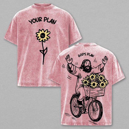 God's Plan Jesus Riding Bicycle Sunflower Basket Christian Retro Vintage Washed Graphic T-Shirt - Limited Edition Faith Streetwear Oversized Aesthetic Tee - Premium Double Sided Your Plan Print