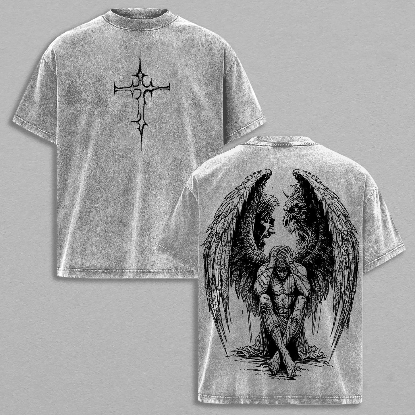 Fallen Angel Inner Demons Goth Retro Vintage Washed T-Shirt Limited Oversized Streetwear Double-Sided Gothic Graphic Tee Gift for Dark Aesthetic Fans