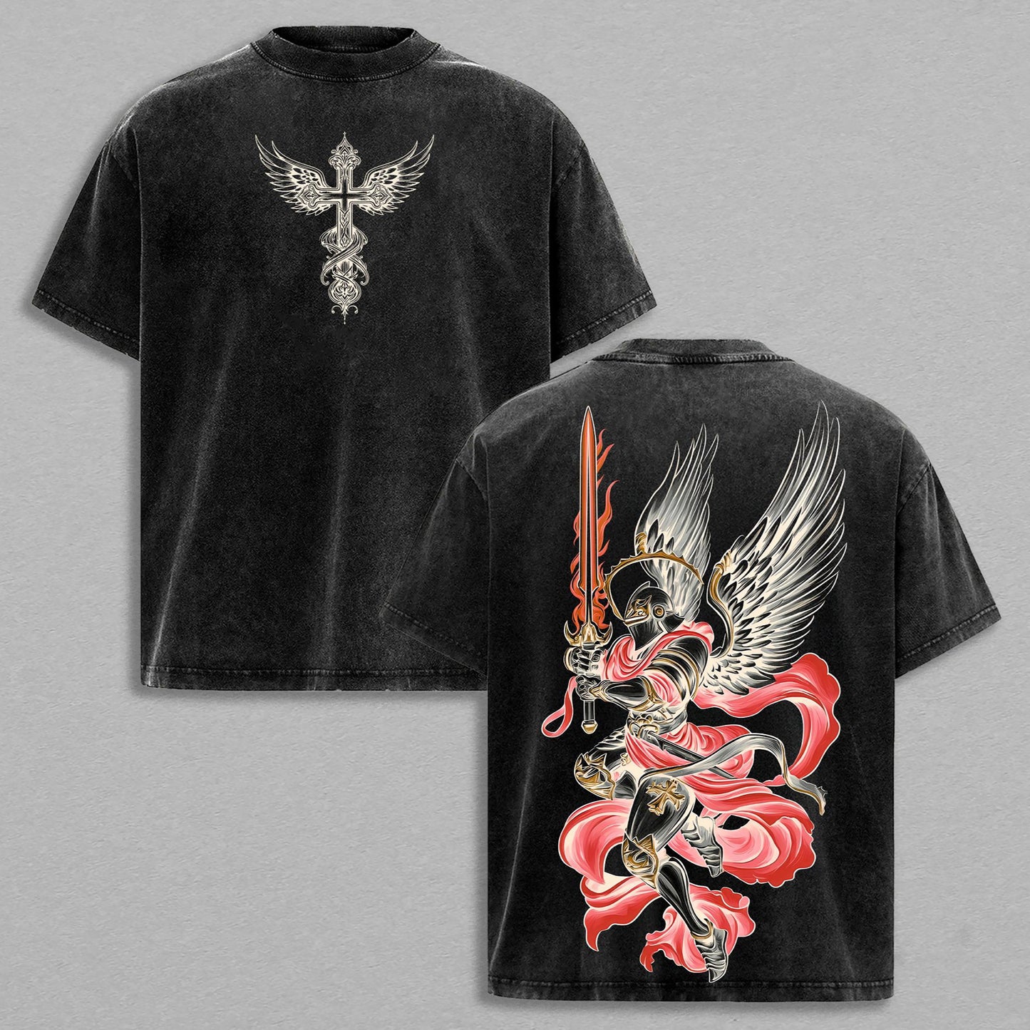 Archangel Saint Michael Divine Warrior Christian Retro Vintage Washed T-Shirt Limited Oversized Streetwear Double-Sided Religious Graphic Tee Gift for Believers