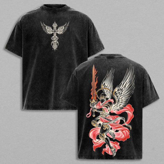 Archangel Saint Michael Flaming Sword Divine Warrior Christian Retro Vintage Washed Graphic T-Shirt - Limited Edition Faith Streetwear Oversized Aesthetic Tee - Premium Double Sided Holy Armor Cross Print
