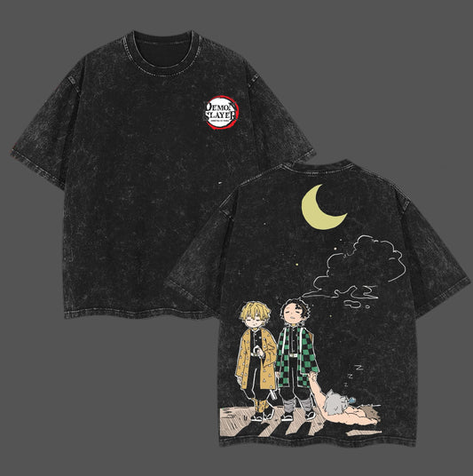 Tanjiro, Zenitsu & Inosuke Midnight Stroll Demon Slayer Retro Vintage Washed Graphic T-Shirt - Limited Edition Streetwear Oversized Aesthetic Tee - Premium Double Sided Kimetsu no Yaiba Print