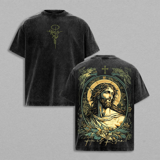 Jesus Christ He Is Risen Easter Sunday Christian Retro Vintage Washed Graphic T-Shirt - Limited Edition Faith Streetwear Oversized Aesthetic Tee - Premium Double Sided Resurrection Portrait Print