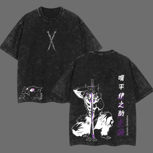 Inosuke Hashibira Beast Breathing Demon Slayer Retro Vintage Washed Graphic T-Shirt - Limited Edition Streetwear Oversized Aesthetic Tee - Premium Double Sided Boar Head Print