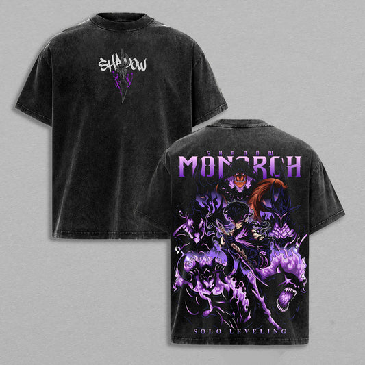 Sung Jinwoo Shadow Monarch Army Igris & Beru Solo Leveling Manhwa Retro Vintage Washed Graphic T-Shirt - Limited Edition Streetwear Oversized Aesthetic Tee - Premium Double Sided Purple Glow Print