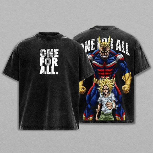 All Might & Toshinori Yagi One For All My Hero Academia Retro Vintage Washed Graphic T-Shirt - Limited Edition Streetwear Oversized Aesthetic Tee - Premium Double Sided Symbol of Peace Print