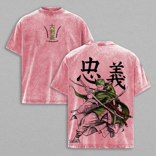 Roronoa Zoro One Piece Bushido Kanji | Double-Sided Retro Vintage Washed T-Shirt | Limited Edition Streetwear