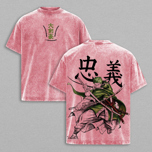 Roronoa Zoro One Piece Bushido Kanji | Double-Sided Retro Vintage Washed T-Shirt | Limited Edition Streetwear
