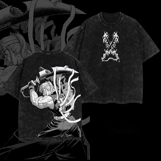 Tengen Uzui Sound Hashira Dual Nichirin Cleavers Demon Slayer Retro Vintage Washed Graphic T-Shirt - Limited Edition Streetwear Oversized Aesthetic Tee - Premium Double Sided Entertainment District Print