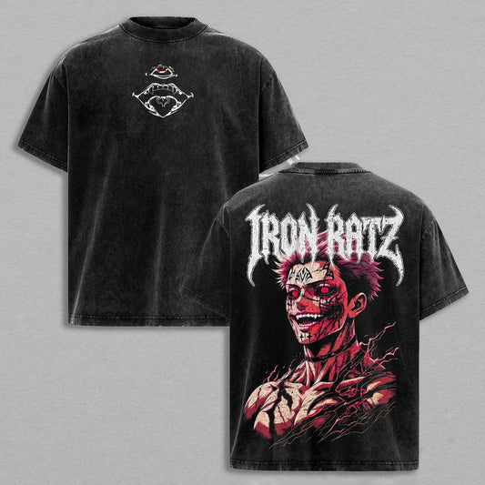 Ryomen Sukuna Iron Ratz Heavy Metal Style Jujutsu Kaisen Retro Vintage Washed Graphic T-Shirt - Limited Edition Streetwear Oversized Aesthetic Tee - Premium Double Sided Cursed King Print