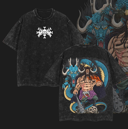 Kaido the Beast King Azure Dragon Form One Piece Retro Vintage Washed Graphic T-Shirt - Limited Edition Streetwear Oversized Aesthetic Tee - Premium Double Sided Yonko Print