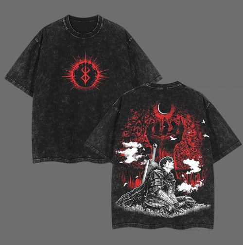 Guts Brand of Sacrifice Eclipse Berserk Retro Vintage Washed Graphic T-Shirt - Limited Edition Streetwear Oversized Aesthetic Tee - Premium Double Sided Black Swordsman Print