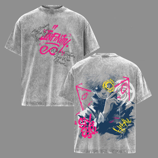Satoru Gojo Six Eyes Infinity Limitless Jujutsu Kaisen Retro Vintage Washed Graphic T-Shirt - Limited Edition Streetwear Oversized Aesthetic Tee - Premium Double Sided Neon Graffiti Print