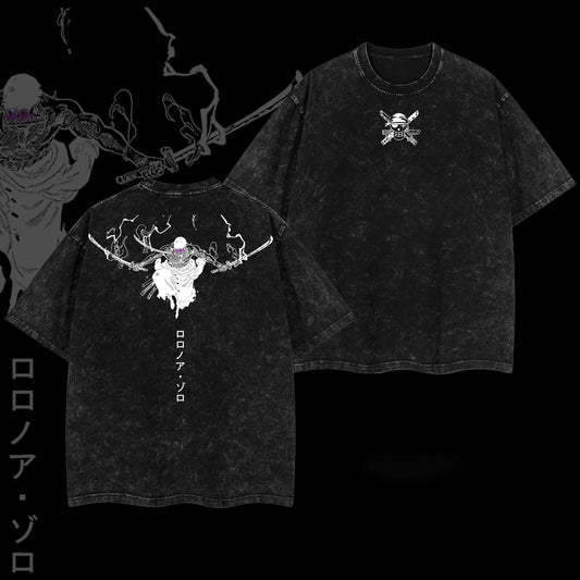 Roronoa Zoro Japanese Swordsman One Piece Retro Vintage Washed Graphic T-Shirt - Limited Edition Streetwear Oversized Aesthetic Tee - Premium Three Sword Style Apparel
