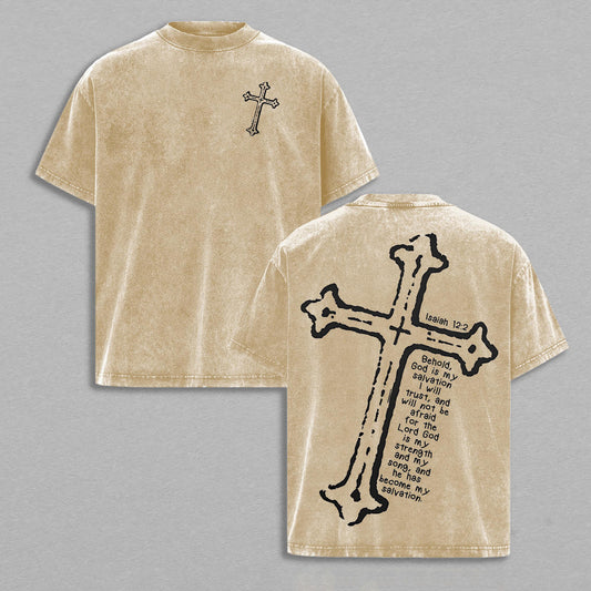 Christian Cross Isaiah 12:2 Bible Verse Retro Vintage Washed Graphic T-Shirt - Limited Edition Streetwear Oversized Aesthetic Tee - Premium Religious Faith Based Gift