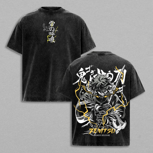 Zenitsu Agatsuma Thunder Breathing Demon Slayer Retro Vintage Washed Graphic T-Shirt - Limited Edition Streetwear Oversized Aesthetic Tee - Premium Lightning Manga Fan Gift