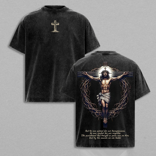 Jesus Christ Crucifix Christian Faith Cross Retro Vintage Washed Graphic T-Shirt - Limited Edition Streetwear Oversized Aesthetic Tee - Premium Spiritual Believer Gift