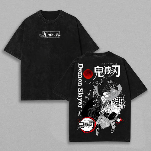 Tanjiro & Nezuko Demon Slayer Sibling Bond | Retro Vintage Washed T-Shirt | Limited Edition Oversized Streetwear