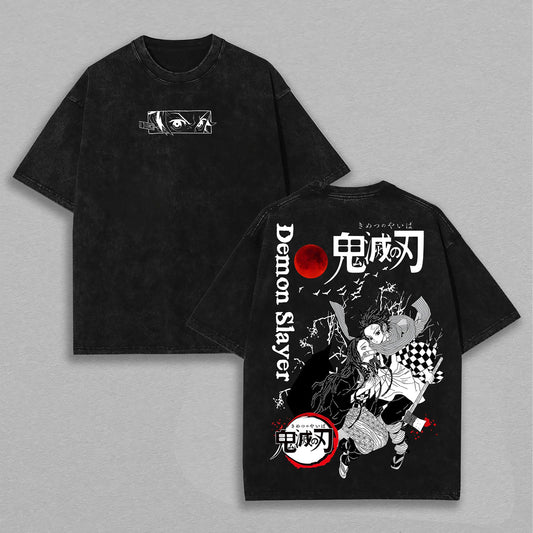 Tanjiro & Nezuko Kamado Sibling Bond Demon Slayer Retro Vintage Washed Graphic T-Shirt - Limited Edition Streetwear Oversized Aesthetic Tee - Premium Kimetsu no Yaiba Gift