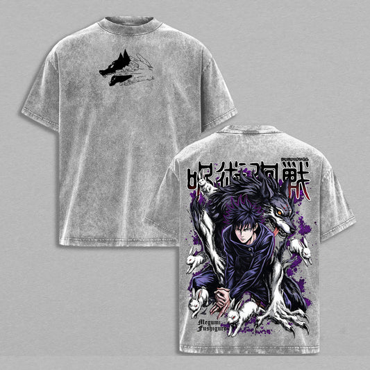 Megumi Fushiguro Ten Shadows Technique Divine Dog & Escape Rabbits Jujutsu Kaisen Retro Vintage Washed Graphic T-Shirt - Limited Edition Streetwear Oversized Aesthetic Tee - Premium Double Sided Kanji Gear