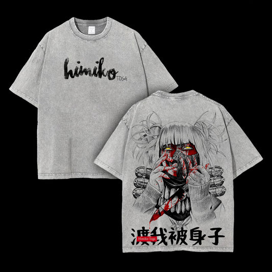 Himiko Toga Blood Splatter Transformation My Hero Academia Retro Vintage Washed Graphic T-Shirt - Limited Edition Streetwear Oversized Aesthetic Tee - Premium Double Sided Kanji Gear