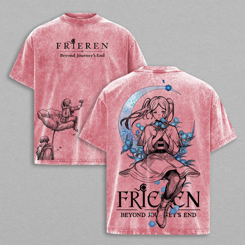 Frieren Beyond Journey's End Elf Mage Retro Vintage Washed Graphic T-Shirt - Limited Edition Streetwear Oversized Aesthetic Tee - Premium Fantasy Anime Style Apparel