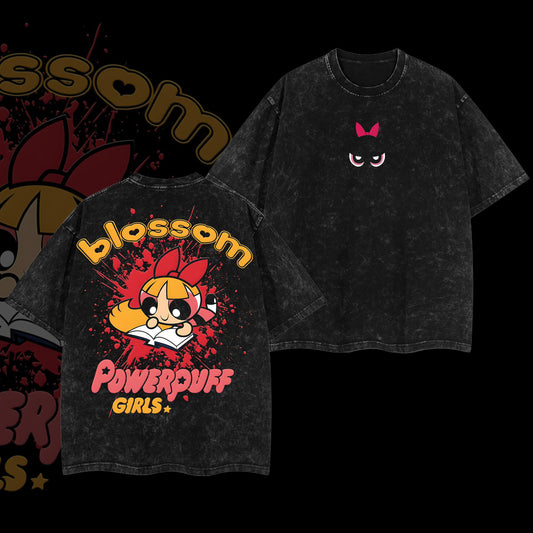 Blossom Powerpuff Girls Cartoon Network Retro Vintage Washed Graphic T-Shirt - Limited Edition Streetwear Oversized Aesthetic Tee - Premium Heavyweight Cartoon Fan Gift