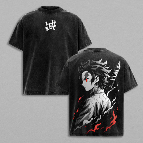 Tanjiro Kamado Demon Slayer Sun Breathing | Retro Vintage Washed T-Shirt | Limited Edition Oversized Streetwear