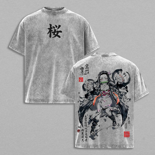 Nezuko Kamado Demon Slayer Sakura Style | Retro Vintage Washed T-Shirt | Limited Edition Oversized Streetwear