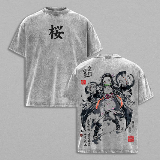 Nezuko Kamado Demon Slayer Sakura Style | Retro Vintage Washed T-Shirt | Limited Edition Oversized Streetwear