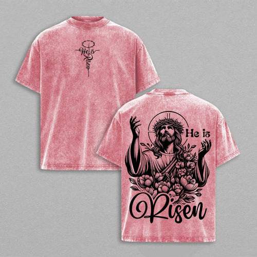 Jesus Christ He Is Risen Easter Christian Retro Vintage Washed T-Shirt Limited Oversized Streetwear Religious Graphic Tee Gift for Believers