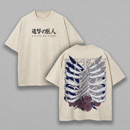 Attack on Titan Survey Corps Wings Rib Cage Retro Vintage Washed Graphic T-Shirt - Limited Edition Streetwear Oversized Aesthetic Tee - Premium Scout Regiment Fan Gear