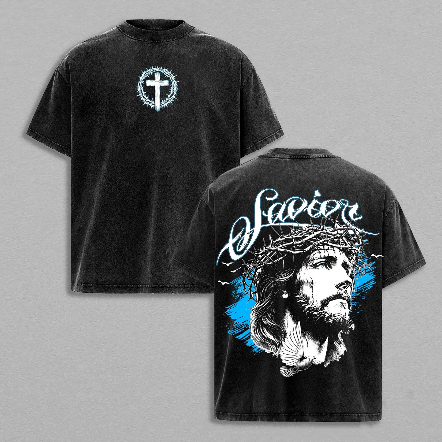 Jesus Christ Savior Crown of Thorns Christian Retro Vintage Washed T-Shirt Limited Oversized Streetwear Religious Graphic Tee Gift for Believers