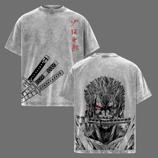 Roronoa Zoro Three Sword Style One Piece Retro Vintage Washed Graphic T-Shirt - Limited Edition Streetwear Oversized Aesthetic Tee - Premium Samurai Anime Fan Apparel