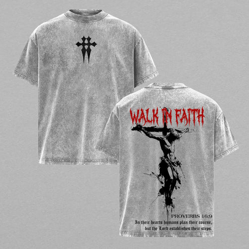 Walk In Faith Proverbs 16:9 Christian Retro Vintage Washed T-Shirt Limited Oversized Streetwear Bible Verse Graphic Tee Gift for Believers