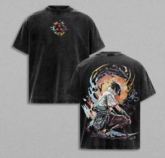 Sasuke Uchiha Naruto Fire Aura Power | Retro Vintage Washed T-Shirt | Limited Edition Oversized Streetwear