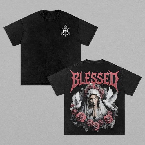 Blessed Virgin Mary Christian Faith Rose Retro Vintage Washed T-Shirt Limited Oversized Streetwear Religious Graphic Tee Gift for Believers