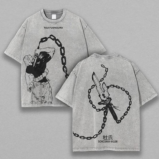 Toji Fushiguro Jujutsu Kaisen Chain Weapon | Retro Vintage Washed T-Shirt | Limited Edition Oversized Streetwear