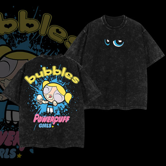 Bubbles Powerpuff Girls Ice Cream Sugar Spice Retro Vintage Washed Graphic T-Shirt - Limited Edition Streetwear Oversized Aesthetic Tee - Premium Cute Cartoon Fan Gear