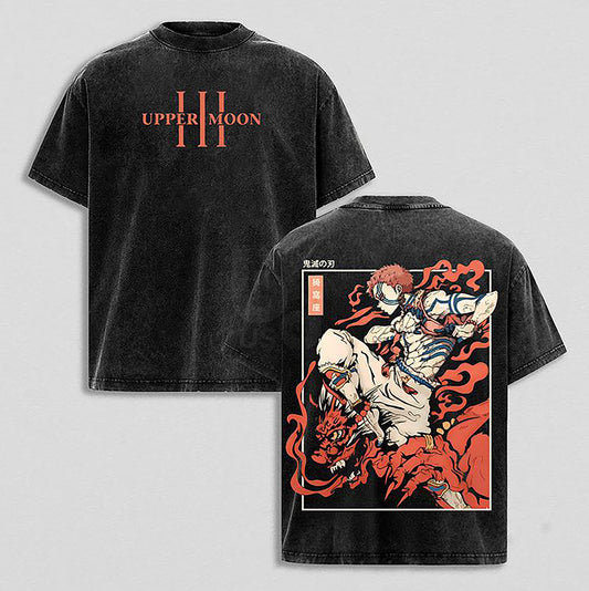 Akaza Upper Moon Three Fighting Demon Demon Slayer Retro Vintage Washed Graphic T-Shirt - Limited Edition Streetwear Oversized Aesthetic Tee - Premium Martial Arts Fan Gift