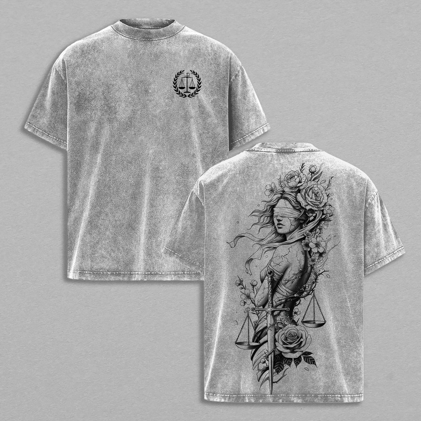 Lady Justice Tattoo Art Blindfold Retro Vintage Washed T-Shirt Limited Oversized Streetwear Graphic Tee Gift for Tattoo Art Fans