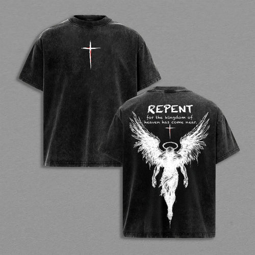 Angel Wings Cross Repent Faith Christian Retro Vintage Washed T-Shirt Limited Oversized Streetwear Religious Graphic Tee Gift for Believers
